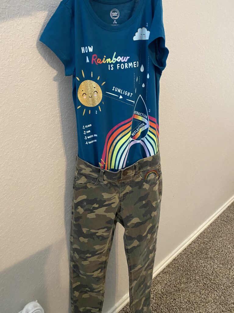 Adaptive clothing diy outfit. Camo pants and blue shirt